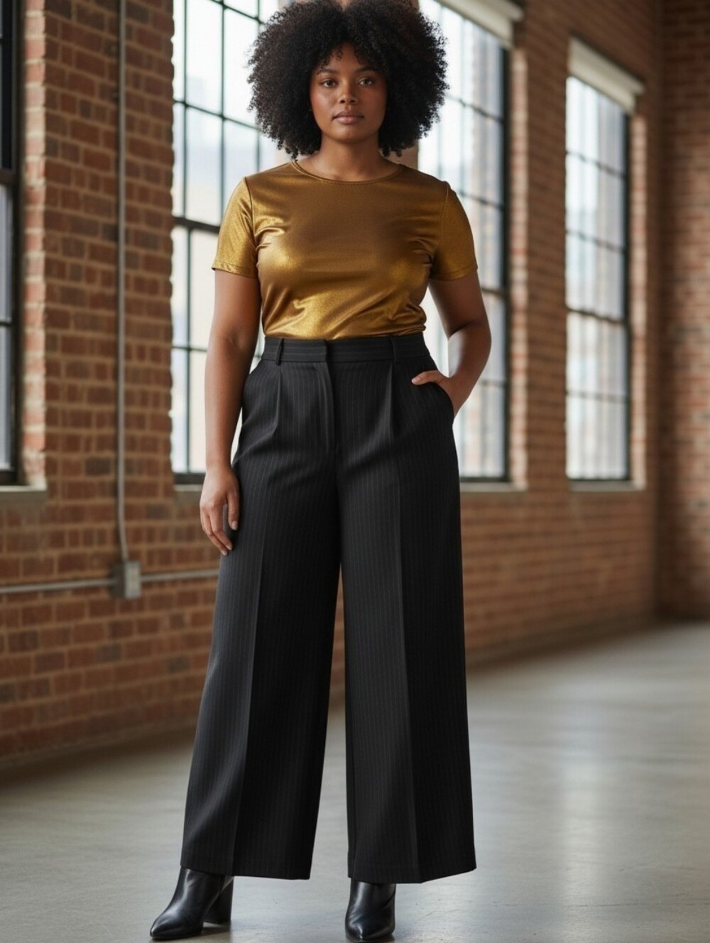 Lane Bryant Black With Iredescent Subtle Pinstripe Wide-Leg Trousers